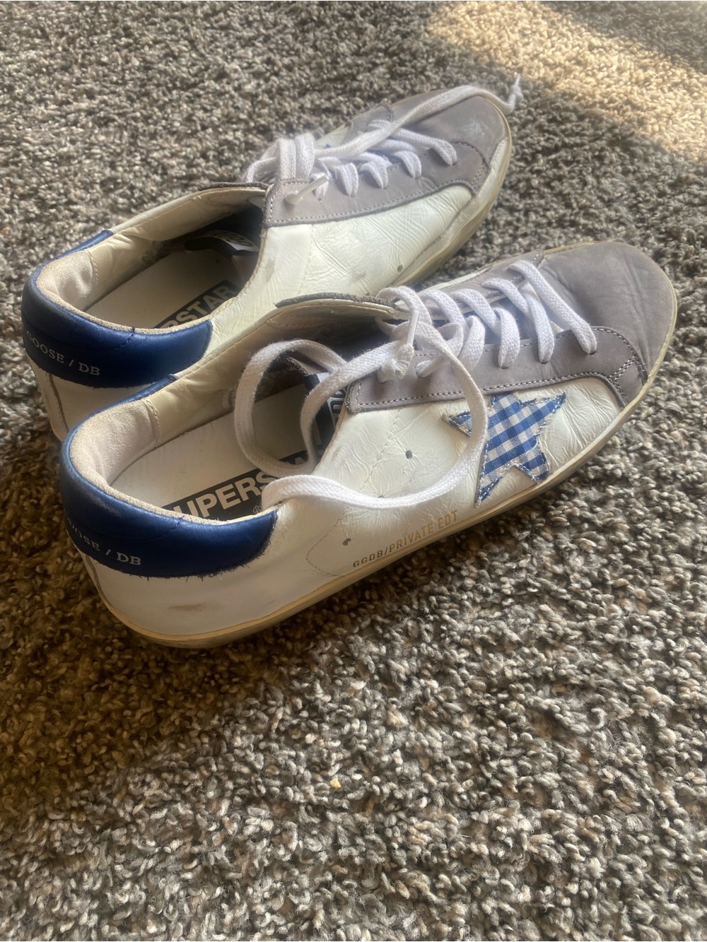 Golden Goose White Sneakers with Blue Gingham Star and Navy Heel